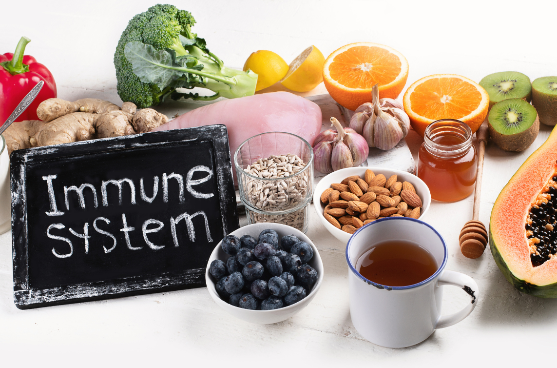 healthy foods beside sign that says immune system