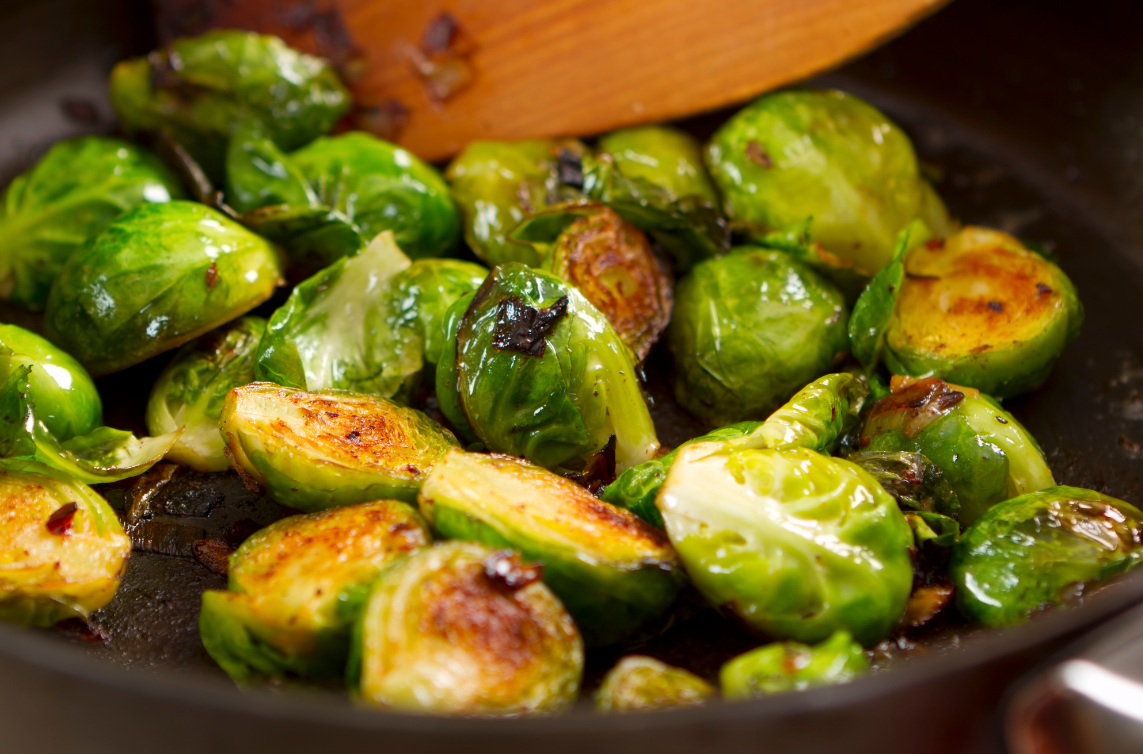 cooked brussels sprouts in skillet