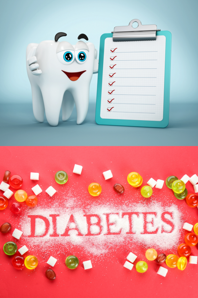 tooth, checklist and the word diabetes with candy and sugar around it