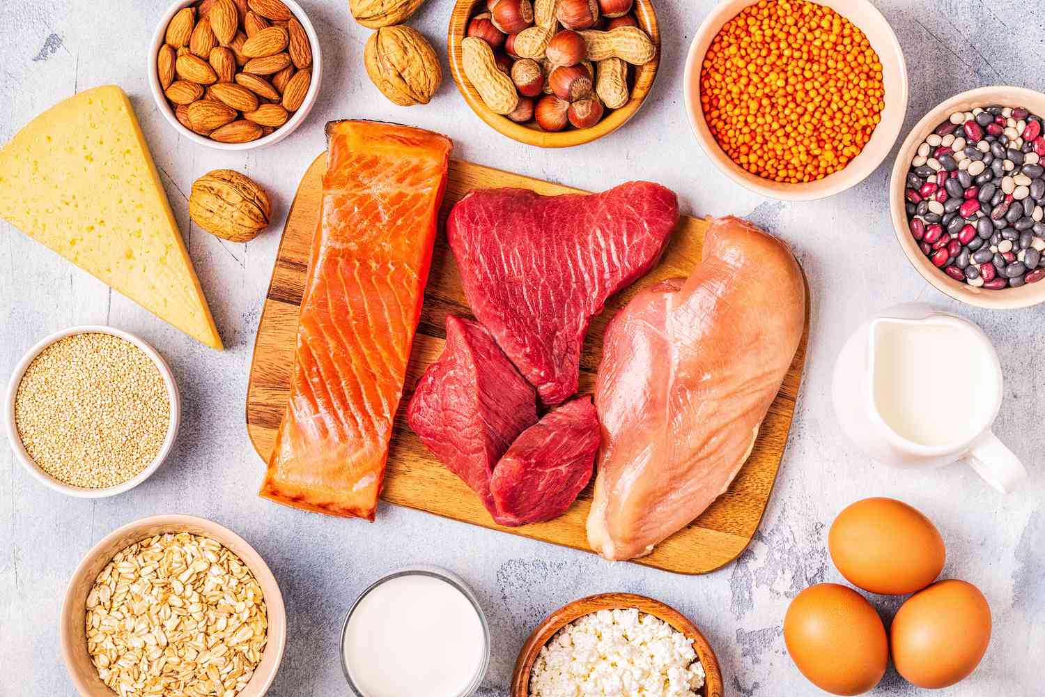 A variety of protein foods that help support balanced blood sugar and protein intake for people with diabetes.