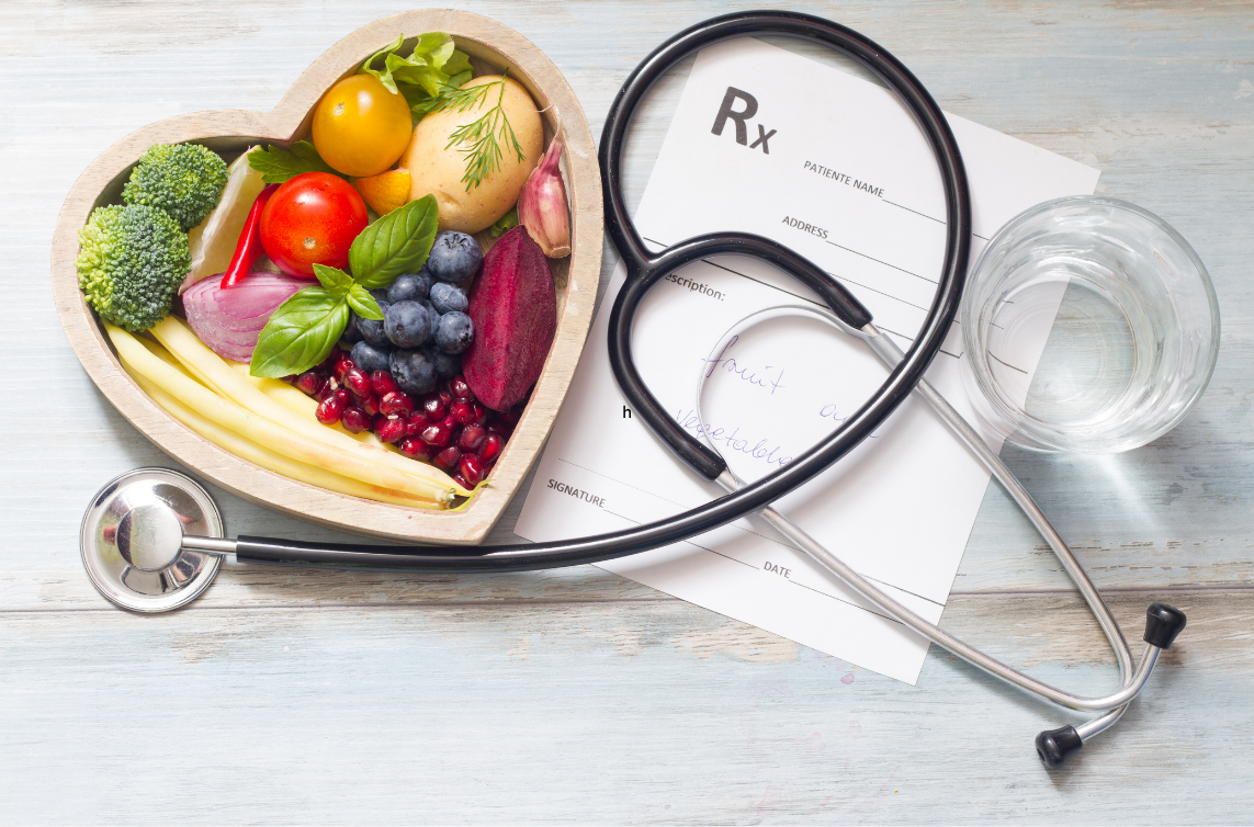 weight loss meds blog post healthy foods, water, stethoscope and Rx